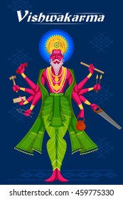 Indian God Vishwakarma with different tools. Vector illustration