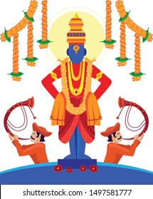 Indian god vitthal with flowers and tutari man vector illustration