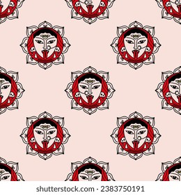 Indian goddess art seamless pattern with Kali, vector clipart image. Faces modern stylish background.