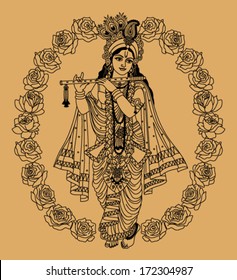 Indian goddess in buds of roses on a beige background 
