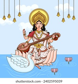 Indian goddess Devi Maa Sarawati,  Happy Vasant Panchami Indian festival, Indian Hindu God svg