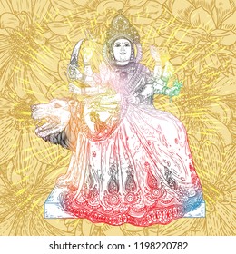 Indian Goddess Durga classic sculpture for Durga Puja holiday festival of India in Dussehra Vijayadashami Navratri. Hand drawn isolated design. Vector.