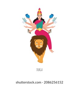 Indian goddess Durga female cartoon character on lion, flat vector illustration isolated on white background. Traditional indian religious holy image.