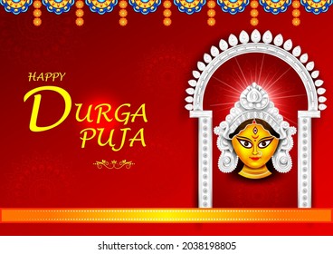 Indian Goddess Durga for Happy Dussehra or Shubh Navratri festival of India with Hindi text meaning Mother Durga in vector