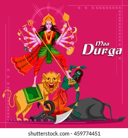 Indian Goddess Durga killing Mahishasura. Vector illustration