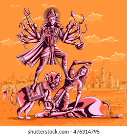 Indian Goddess Durga killing Mahishasura. Vector illustration