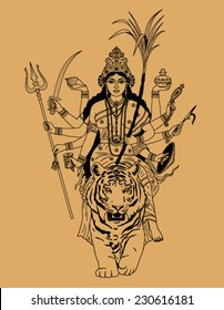 Indian Goddess Durga Sitting On A Tiger On A Beige Background