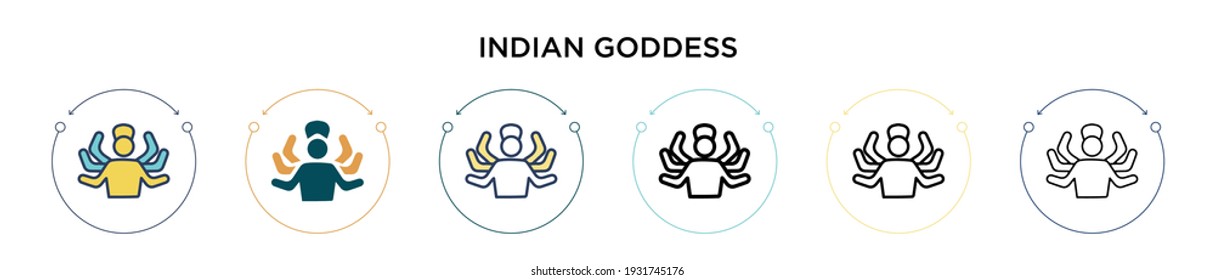 Indian goddess icon in filled, thin line, outline and stroke style. Vector illustration of two colored and black indian goddess vector icons designs can be used for mobile, ui, web