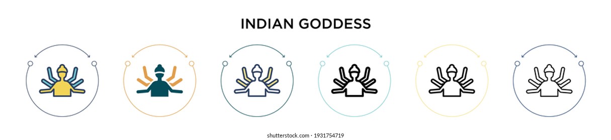 Icono de diosa india en estilo relleno, delgado, contorno y apoplejía. Ilustración vectorial de dos diseños de iconos vectoriales de diosas indias coloreadas y negras se pueden usar para móviles, ui, web