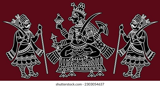 Indian goddess Kali. with sevak servants drawn in Pinguli folk art style of Maharashtra India. Ramayan great Hindu epic, for textile printing, logo, wallpaper