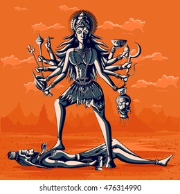Indian Goddess Kali with Shiva. Vector illustration