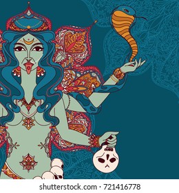  indian goddess Kali with snake, skull and mandala round ornament, vector illustration