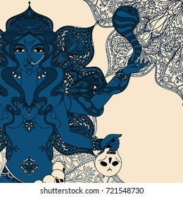  indian goddess Kali with snake, skull and mandala round ornament, vector illustration