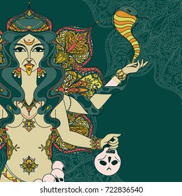  indian goddess Kali with snake, skull and mandala round ornament, autumn palette, vector illustration