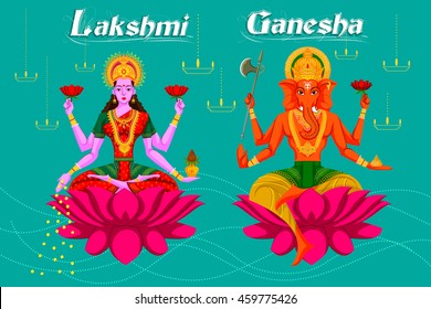 Indian Goddess Lakshmi and Ganesha on Lotus. Vector illustration