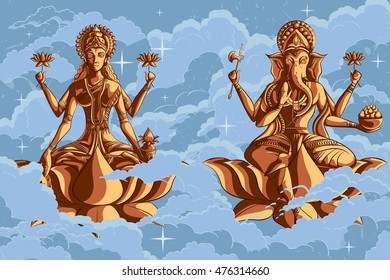 Indian Goddess Lakshmi and Ganesha on Lotus. Vector illustration