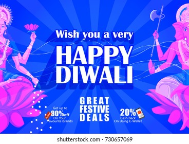 Indian Goddess Lakshmi on Happy Diwali night celebrating holiday of India Festive Deal Background. Vector illustration