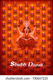 Indian Goddess Lakshmi on Lotus on Happy Diwali night celebrating holiday of India. Vector illustration
