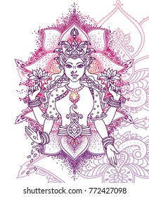 Indian goddess Lakshmi and royal ornament, can be used as card for celebration Ganesh Chaturthi, vector illustration