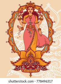 Indian goddess Lakshmi and royal ornament, can be used as card for celebration Diwali festival - indian new year, vector illustration