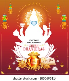 Indian Goddess Lakshmi with safety mask and golden jewelry background for Indian festival Diwali & dhanteras worship. And Shubh Labh hindi typography