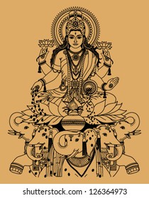 Indian goddess Lakshmi sitting on elephant on a beige background