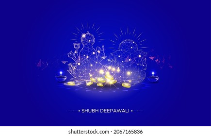 Indian goddess laxmi and god ganesha design for Diwali festival creative banner with modern futuristic digital low polygonal  glowing eco friendly diya candle lamp light.