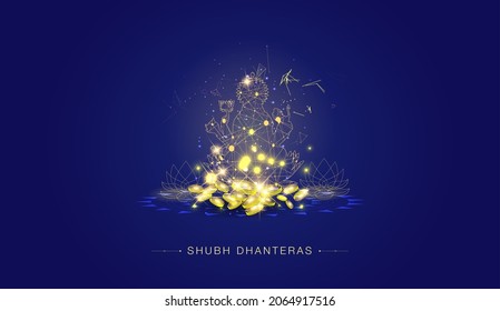 Indian goddess Laxmi Lakshmi digital low polygon techno style design for Dhanteras diwali festival celebration with futuristic modern golden coins jewellery floral wireframe 