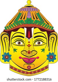 Indian goddess painted paper ( paper mache) mask. It can be used for a coloring book, textile/ fabric prints, phone case, greeting card. logo, calendar. In Kalamkari /Madhubani style