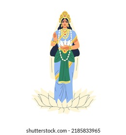 Indian goddess Parvati. Hindu female deity of motherhood, fertility. India hinduism divine woman character with lotus flower and jewelry. Flat vector illustration isolated on white background