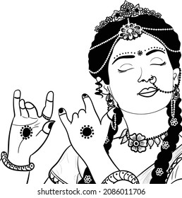 Indian goddess Radha imagining playing the flute for her beloved Krishna  Indian bride black   white line drawing clip art  Indian women symbol line art illustration 