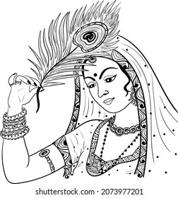 Indian Goddess radha with peacock feather, Indian traditional symbol peacock feather vector illustraiton black and white line drawing. Indian wedding clip art.