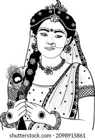 Indian goddess Radha waiting for her Krishna with peacock feathers in her hand. Indian bride black and white line drawing clip art. Indian women symbol line art illustration.