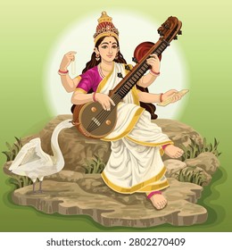 Indian Goddess Saraswathi in sitting Pose with Swan
