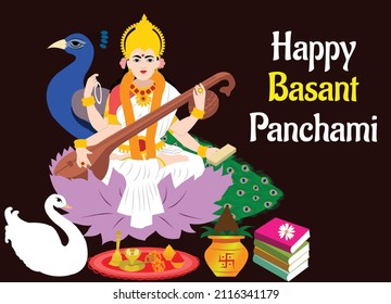 Indian Goddess Saraswati Mata Happy Basant Vasant Panchami Religious Card Design svg