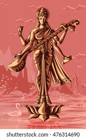 Indian Goddess Saraswati playing veena. Vector illustration