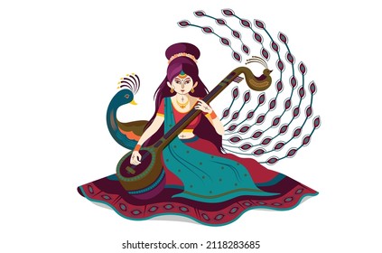Indian goddess 'Saraswati' sitting Floor   playing musical instrument 'veena' 
