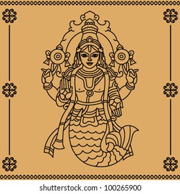 Indian goddess with a tail like a mermaid on a beige background