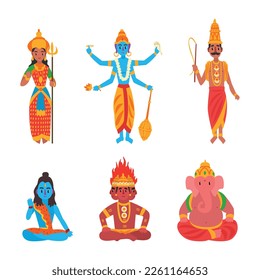 Indian Gods and Deity with Vishnu and Ganesha Sitting in Lotus Pose and Standing Vector Set