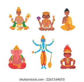 Indian Gods and Deity with Vishnu, Shiva, Brahma, Ganesha and Sitting Buddha Vector Set