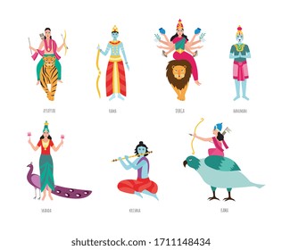 Indian gods - isolated set of Hindu religion figures from India. Ayyappa, Rama, Durga and other deities - flat vector illustration on white background.