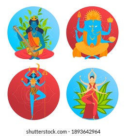 Indian gods in mandala, ganesha, krishna hinduism isolated vector illustrations. Traditional religion and culture idols of India, mythology. Diwali holiday, worship. Hindu dancer, elephant.