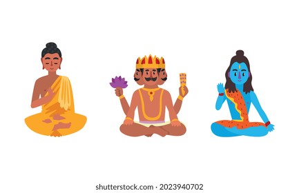 Indian Gods Set, Brahma, Sitting Buddha, Shiva Idols Cartoon Vector Illustration