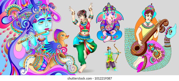 indian gods set - Shiva, goddess Sarasvati, Ganesh to religion holidays design, vector illustration collection