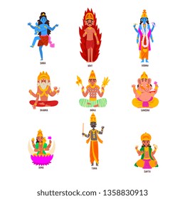 Indian Gods set, Shiva, Igny, Vishnu, Ganesha, Indra, Soma, Brahma, Surya, Yama god cartoon characters. vector Illustrations on a white background.