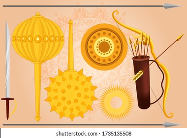 Indian Gods Weapons Vector Illustration, Sword, Gaddha, Sphere, Bow And Arrow, Chakra And Shield Editable Source File, Artwork For Info-graphics, 2D Animation, Motion-graphics