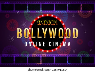 Indian gold Bollywood Online Cinema Banner for web purple background design. Movie banner or poster with beautiful patterns garland in a circle. Vector Illustration