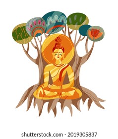 Indian golden Buddha statue on tree in forest. Traditional national spiritual icon vector illustration. Tourism in India religious symbol on white. Man sitting in lotus position meditating.