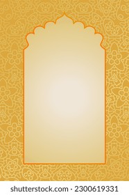 Indian golden window in Mughal style vector oriental frame design template, place for text postcard, wedding invitation