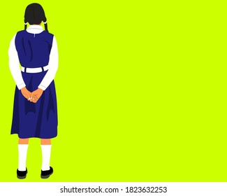 An indian government school girl cartoon standing alone on yellow background abstract art for educational concept.